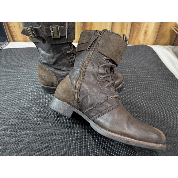 UGG Boots Womens Size 10 Brown Leather Lace Up Combat Mid Calf Buckle 1007672 - Picture 3 of 9